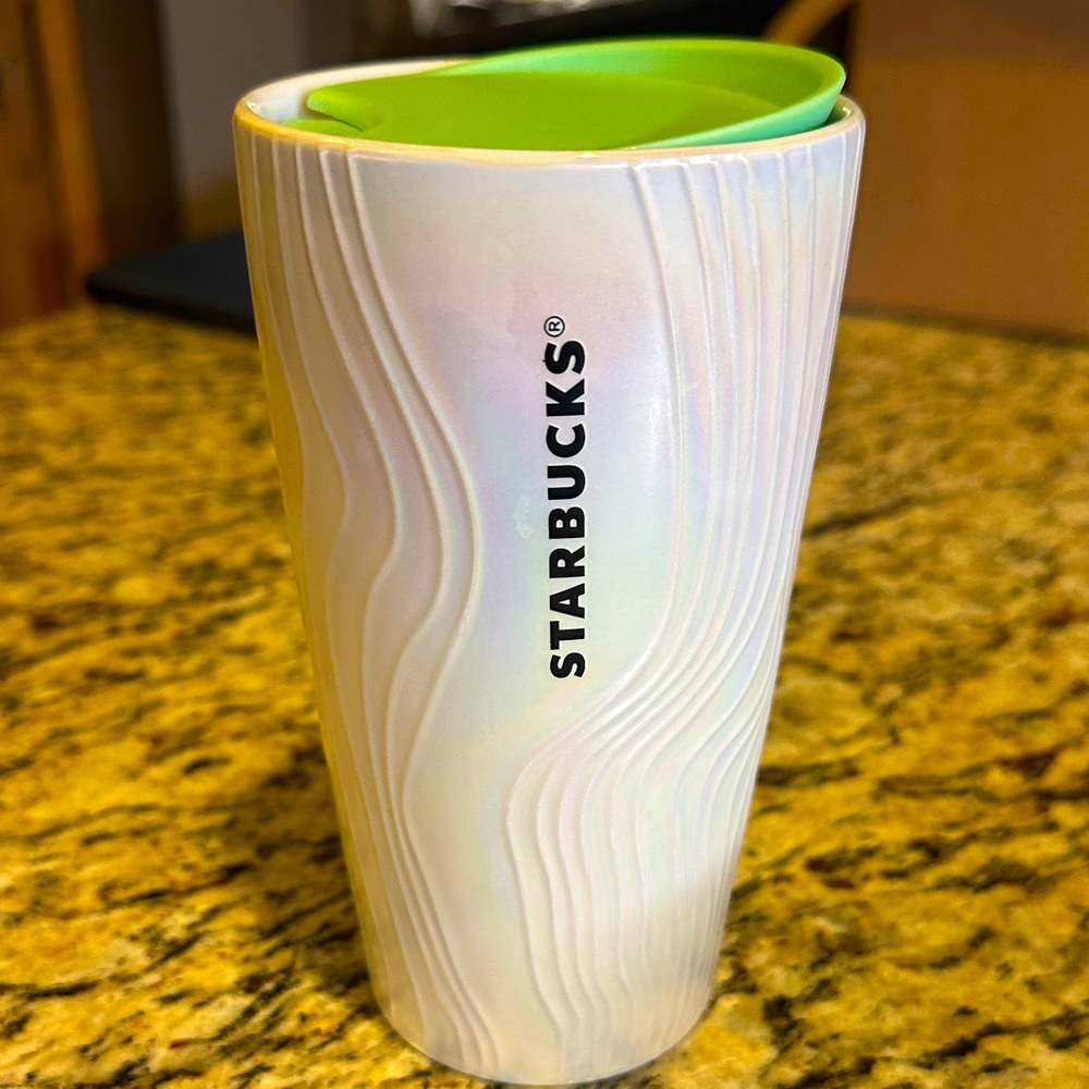 Starbucks Iridescent White Tumbler with Green Lid
